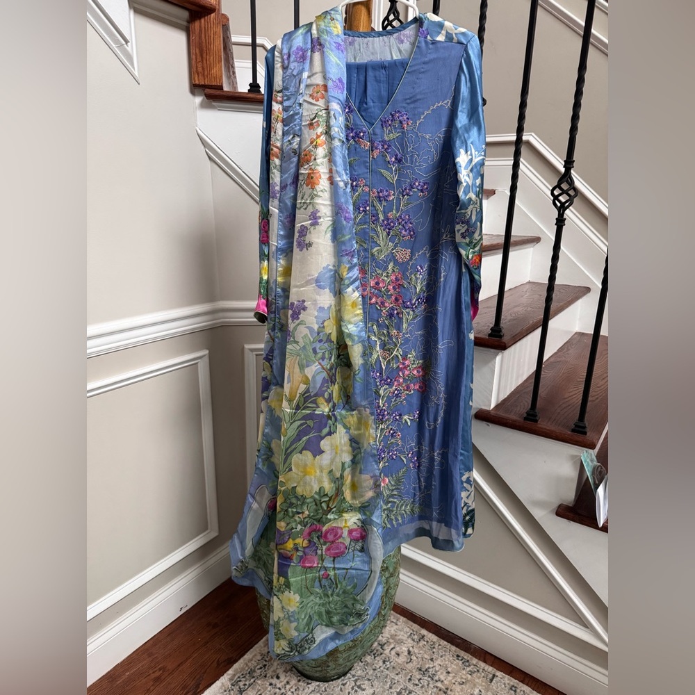 Floral Embroidered Blue Dress with Scarf